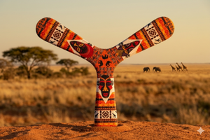 Boomerang tripale Africa aux motifs tribaux orange et masque, dans la savane africaine avec éléphants et girafes
