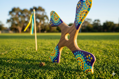Boomerang quadripale Balabalaa aux pointillés aborigènes violet, jaune et turquoise, posé sur pelouse avec drapeau en fond