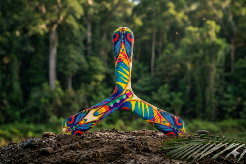 Colorful three-blade boomerang with butterfly-inspired printed design, displayed outdoors in a tropical forest setting