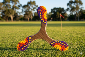 Boomerang Canberra tripale en bois, motifs aborigènes pointillistes violet orange et jaune, terrain de lancer australien
