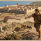 Chasseurs grecs lançant un lagobolon pour chasser le lièvre devant une cité antique – Olbia 325 av. J.-C.