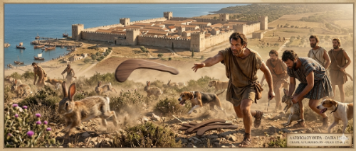 Chasseurs grecs lançant un lagobolon pour chasser le lièvre devant une cité antique – Olbia 325 av. J.-C.