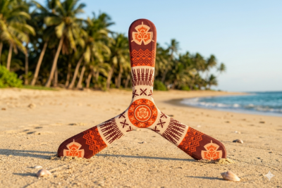 Three-blade Fijian boomerang with traditional Polynesian patterns in brown and orange, standing on a tropical sandy beach
