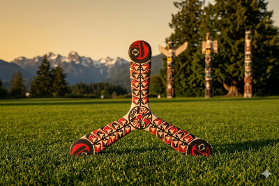 Three-blade Haida boomerang with red and black Northwest Coast Indigenous art, on a lawn with totem poles and snowy mountains