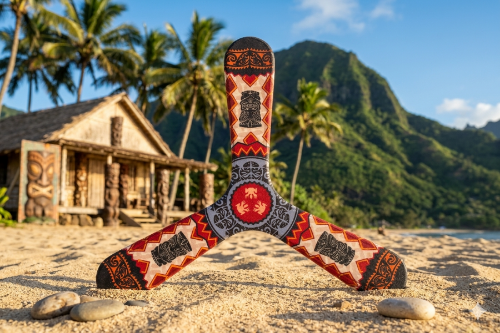 Three-blade Hawaii boomerang with Tiki tribal patterns, standing on a sandy beach with palm trees and lush tropical mountains