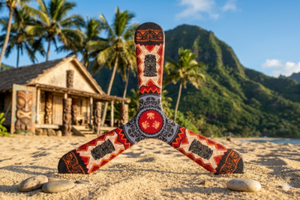 Three-blade Hawaii boomerang with Tiki tribal patterns, standing on a sandy beach with palm trees and lush tropical mountains