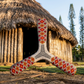 Three-blade Kanak boomerang with red and orange diamond tribal patterns, posed in front of a traditional New Caledonian hut