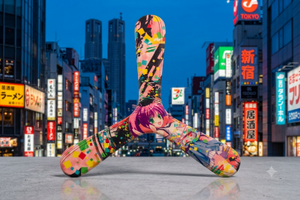 Boomerang tripale Manga décoré personnage anime coloré devant Tokyo