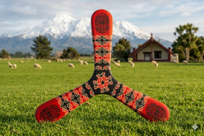     Three-blade Maori boomerang with red and black tribal patterns, posed on a New Zealand green meadow with snowy mountains
