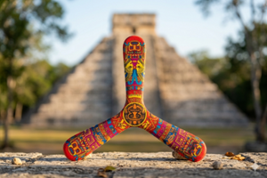 Boomerang tripale Maya aux motifs précolombiens 
