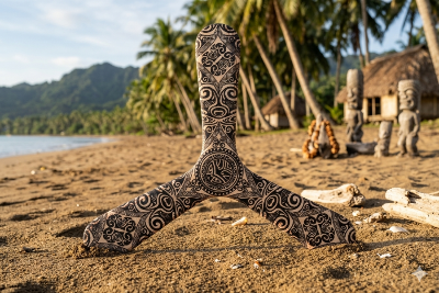 Three-wings Samoa boomerang with black Polynesian tattoo patterns, on a tropical sandy beach with palm trees and tiki statues