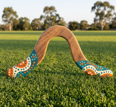 Boomerang en bois peint motifs aborigènes orange et turquoise posé sur herbe