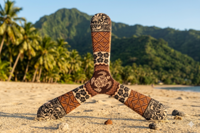 Boomerang tripale Tahiti aux motifs polynésiens brun et beige avec tortue et hibiscus, posé sur une plage de sable blanc