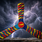 Boomerang tripale Thunderbolt aux motifs éclair multicolores, photographié sous un ciel orageux avec éclairs