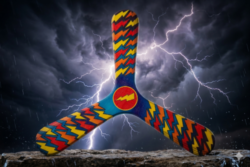 Boomerang tripale Thunderbolt aux motifs éclair multicolores, photographié sous un ciel orageux avec éclairs
