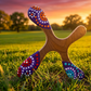 Boomerang Tiwi quatre-ailes en bois, motifs aborigènes pointillistes violet rouge turquoise, coucher de soleil australien