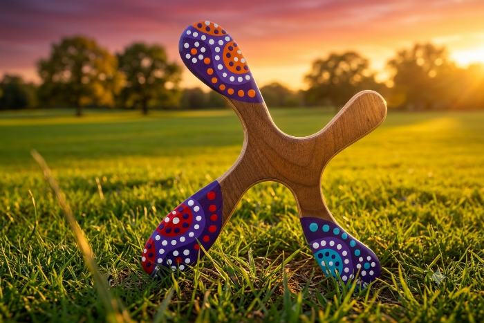 Boomerang Tiwi quatre-ailes en bois, motifs aborigènes pointillistes violet rouge turquoise, coucher de soleil australien