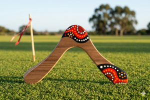 Boomerang Waak en bois, motifs aborigènes pointillistes rouge et noir, terrain de lancer australien