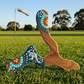 Boomerang Wallaby bipale en bois, motif kangourou aborigène, pointillés turquoise orange et blanc, terrain australien