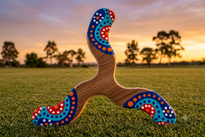 Boomerang Wanguri en bois, motifs aborigènes pointillistes bleu rouge orange, coucher de soleil australien