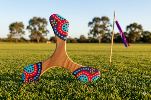 Boomerang Wankura tripale en bois, motifs aborigènes pointillistes violet turquoise rouge et orange, terrain de lancer australien