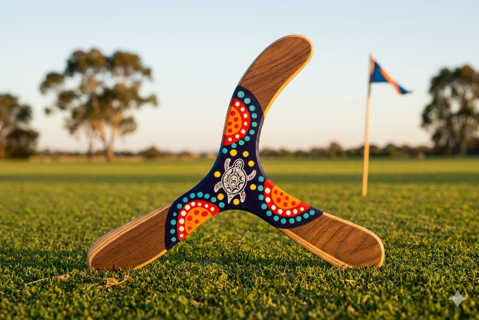 Boomerang Warramba tripale en bois, motif tortue aborigène, pointillés rouge orange turquoise, terrain australien