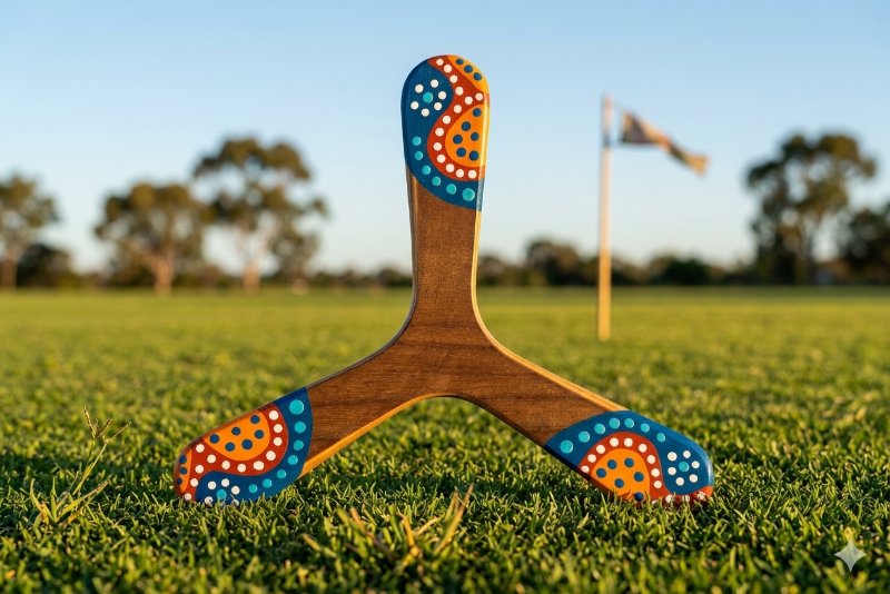 Boomerang tripale Warukay en bois motifs pointillistes orange et bleu sur herbe