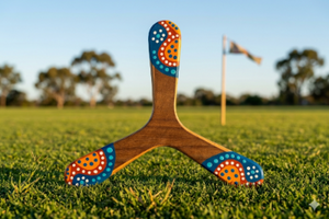 Boomerang tripale Warukay en bois motifs pointillistes orange et bleu sur herbe