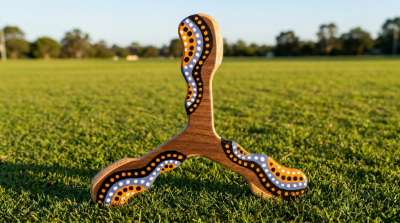 Boomerang tripale Wata en bois motifs pointillistes orange et blanc sur herbe