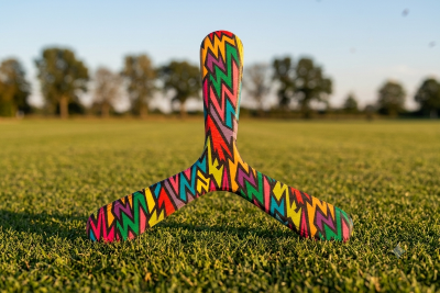Boomerang tripale Watt motif éclair multicolore posé sur herbe