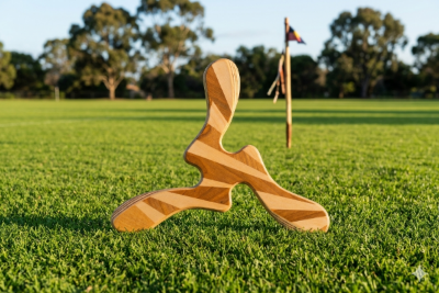 Boomerang tripale Yallingup M en bois naturel aux veines dorées, posé sur pelouse australienne avec drapeau en arrière-plan