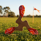 Boomerang tripale Yallingup bois naturel et extrémités rouge à pointillés aborigènes, posé sur pelouse au coucher de soleil