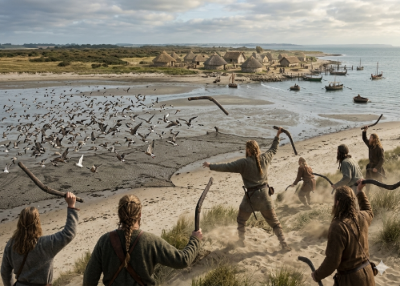 Gaulois lançant des batons de chasse sur des oiseaux au bord de mer dans un village préhistorique 