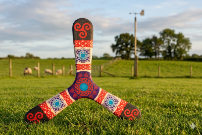 Boomerang tripale Celtic aux motifs triskel et entrelacs celtiques rouge, violet et turquoise, posé dans un pré irlandais verdoyant