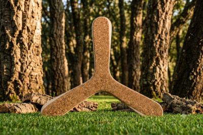 Boomerang tripale en liège recyclé posé devant des troncs de chêne-liège 