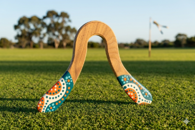 Boomerang Wawilak bipale en bois naturel, motifs aborigènes pointillistes turquoise orange et blanc, terrain de lancer australien