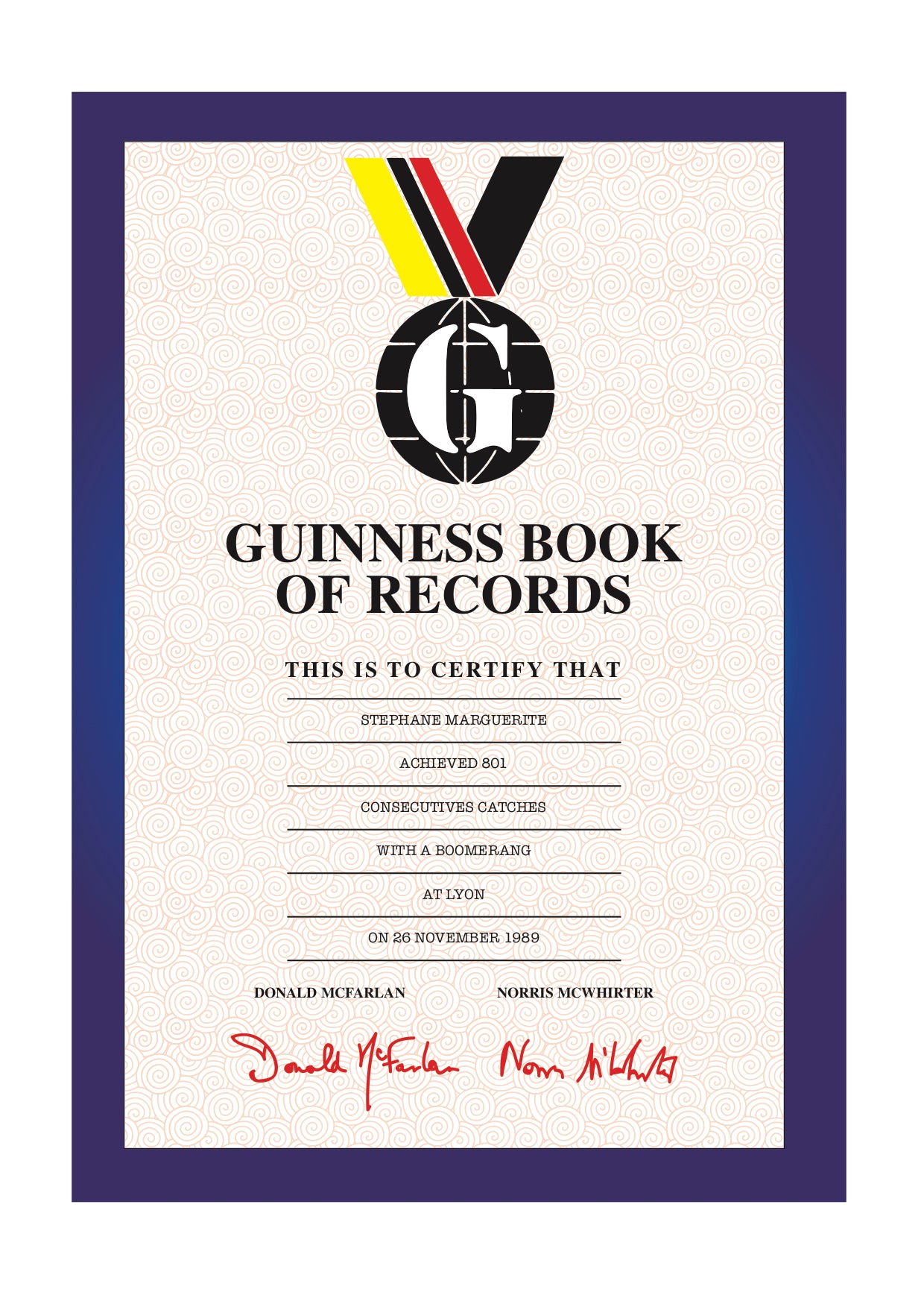 Diplome du livre Guinness record du monde de rattrapage consécutif