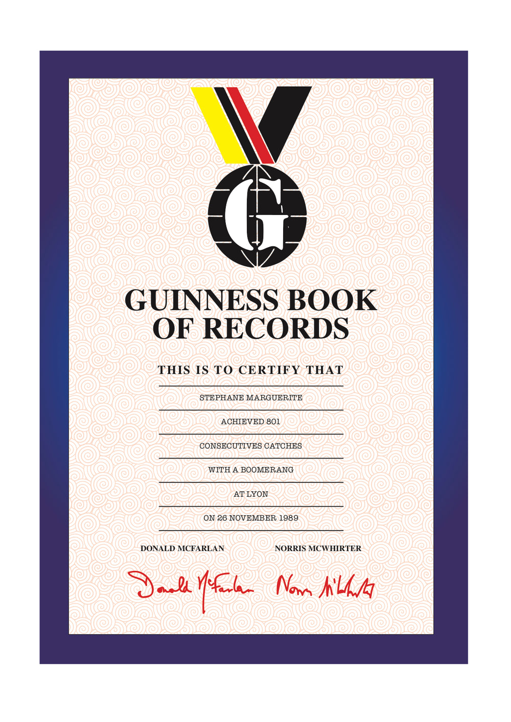 Diplome du livre Guinness record du monde de rattrapage consécutif