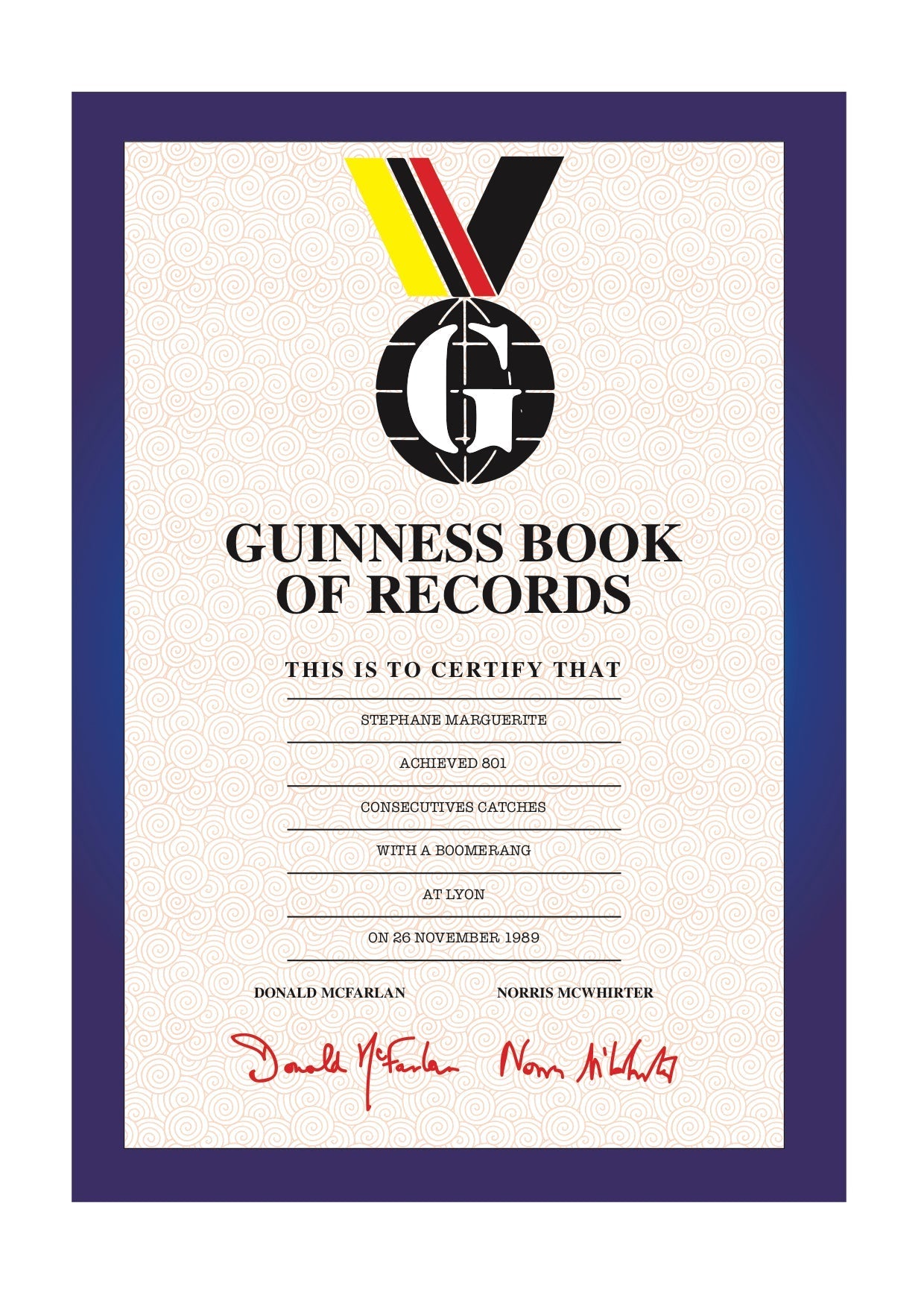 Diplome du livre Guinness record du monde de rattrapage consécutif