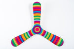 Boomerang bipale Seventies en bois, motifs rétro orange et violet, en plein air