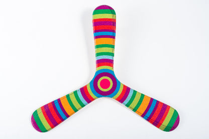 Boomerang bipale Seventies en bois, motifs rétro orange et violet, en plein air