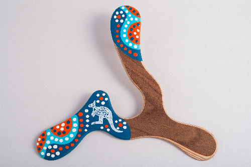 Boomerang tripale Wallaby en bois, motifs aborigènes pointillistes bleu orange, kangourou
