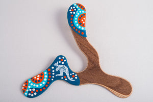 Boomerang tripale Wallaby en bois, motifs aborigènes pointillistes bleu orange, kangourou
