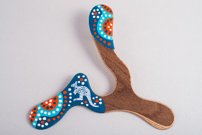 Boomerang tripale Wallaby en bois, motifs aborigènes pointillistes bleu orange, kangourou
